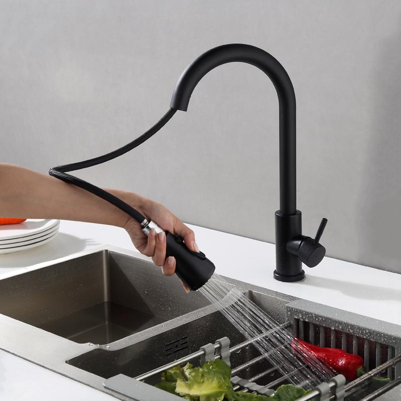 Black Kitchen Sink Faucets with Side Pull Sprayer Single Handle Modern Blackened Stainless Steel Deck Mounted Single Hole Faucet
