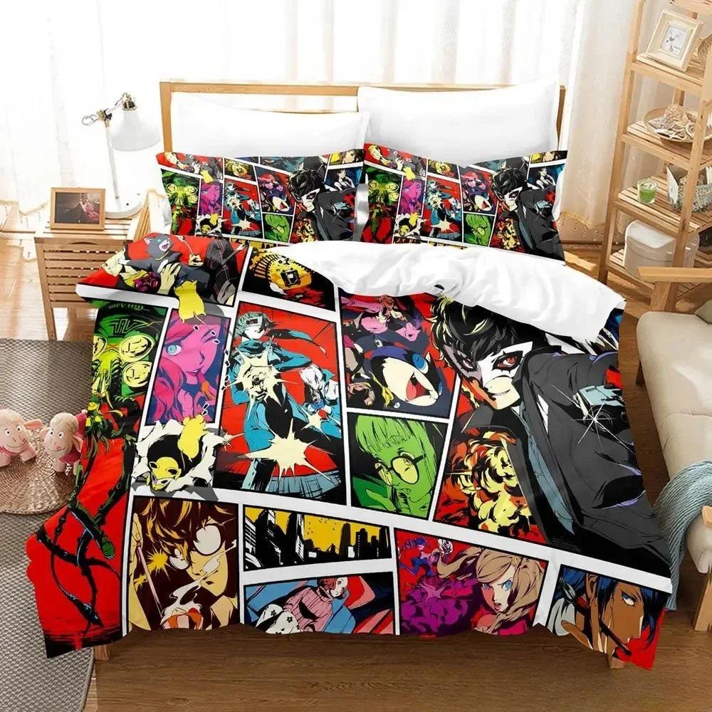 3D-Druck Persona 5 Bettwäsche-Set Cartoon Anime Bettbezug Dreiteiliges Set für Erwachsenen Kinder Schlafzimmer Heimtextilien Geburtstagsgeschenk