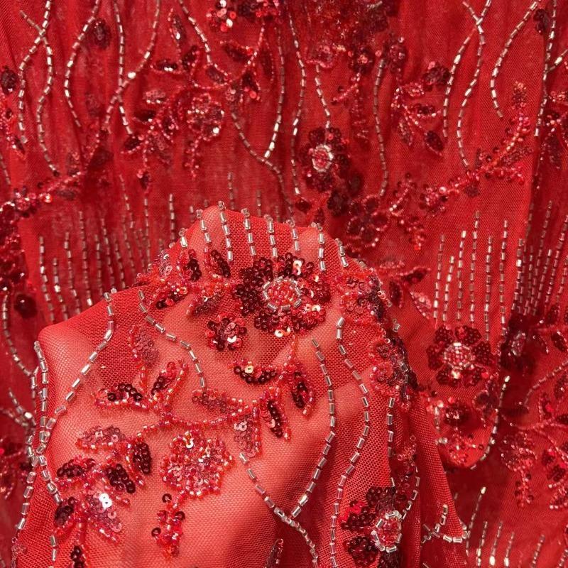 1 Yard Sequins Geborduurd Kantstof Diamanten Franje Bruidsjurk Materiaal Elegante Kralen Sequins Kantstof voor Kleding