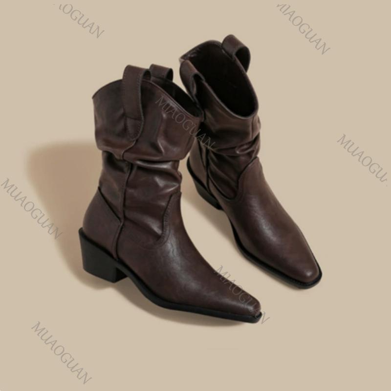 

New Fashion Western Cowboy Boots Designer Pointed Pleated Thick Heel Medium Tube Short Women Knight Booties Street Style Shoes 35 коричневый