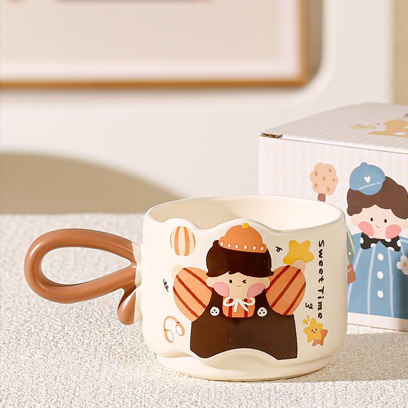New Creative Cartoon Retro Girl Mug Ceramic Cup High Value Color Block Handle Souvenir Coffee Cup Gift
