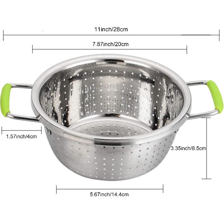 Stainless Steel Deep Colander Micro-perforated 2.5 Quart Metal Food Strainer with Green Silicone Handles for Draining Pasta Cleaning Food Like Fruit