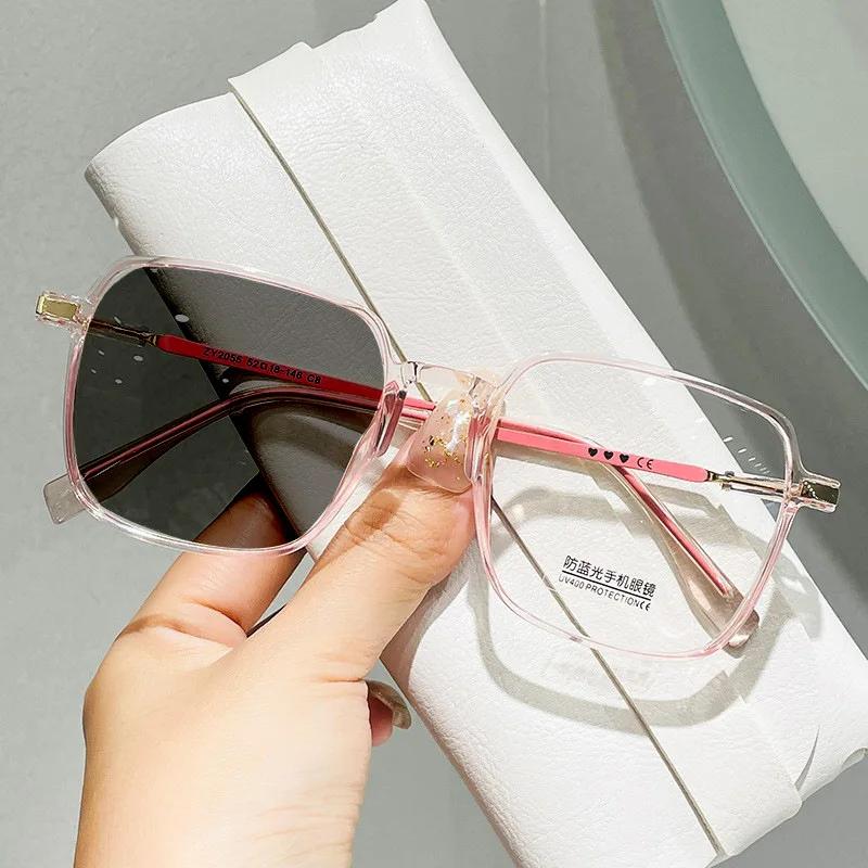 Male Female Large Frame Mirror Presbyopia Eyeglasses Gray Anti Blue Light Glasses +50+75+100 to+400 Photochromic Reading Glasses