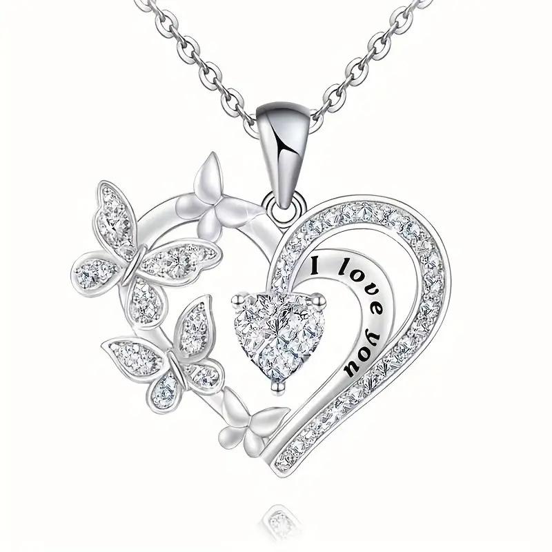 Ladies Butterfly Love Pendant Necklace, Paired with Zircon and I Love You Inscription, Gift for Her