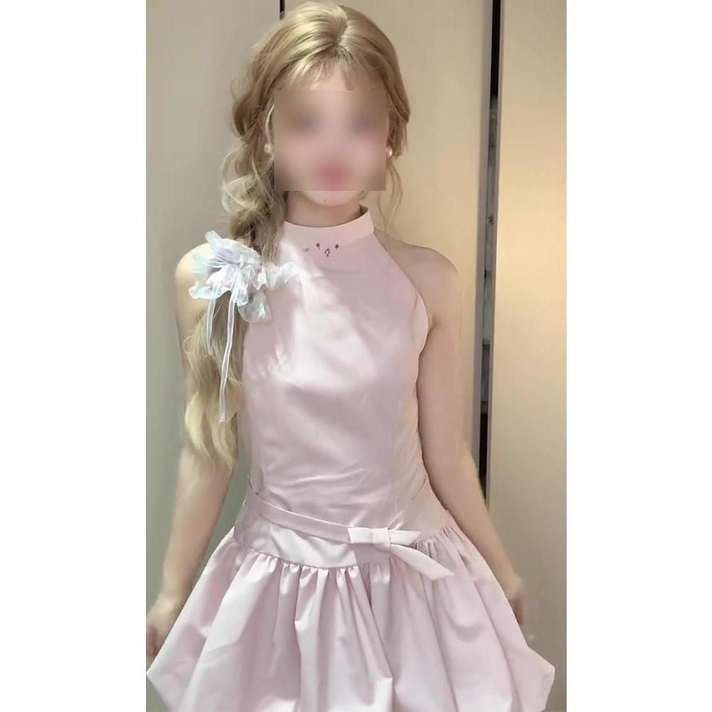 Rosa ärmelloses Halskleid Kinder Sommer elegant neu Taille süß und würzig kleines A-Wort kurzer Rock