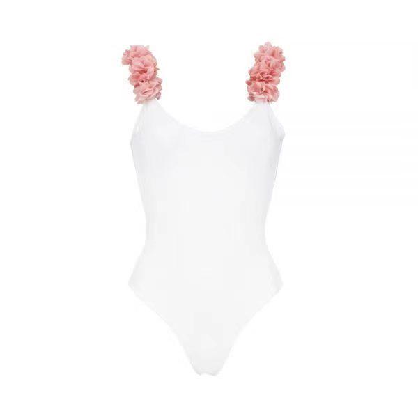 Women's European & American Solid Color One-Piece Swimsuit with Lace Shoulder Straps and Floral Backless Design