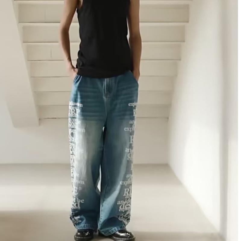 

Американские ретро-стильные потертые джинсы с буквенным принтом мужские свободные повседневные брюки 2XL синий