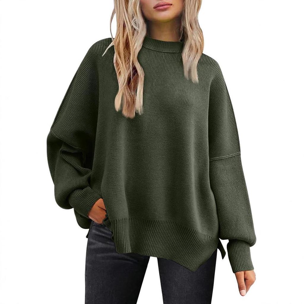 2025 Women's Round Neck Batwing Long Sleeve Knit Sweater with Exposed Seam and Side Slit