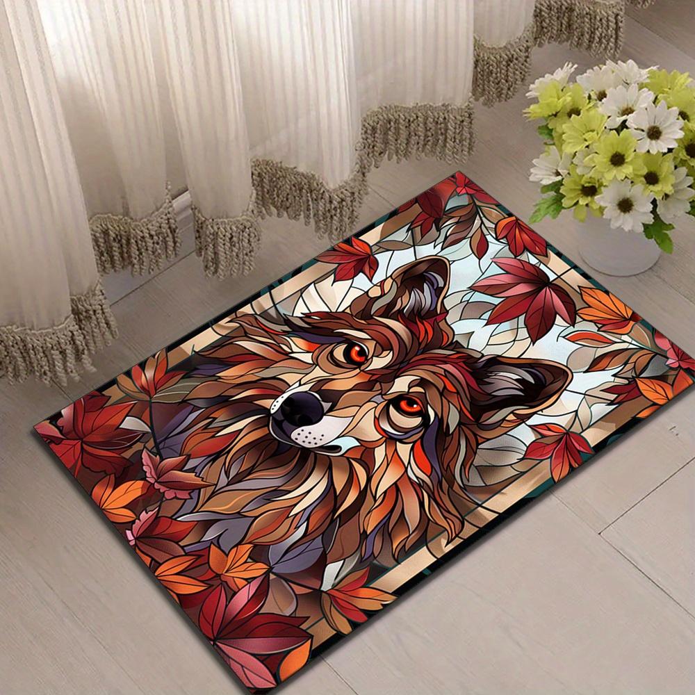 Wolf and Autumn Leaves Design Area Rug - Polyester Crystal Velvet Decorative Carpet for Bedroom, Living Room, and Home Decor