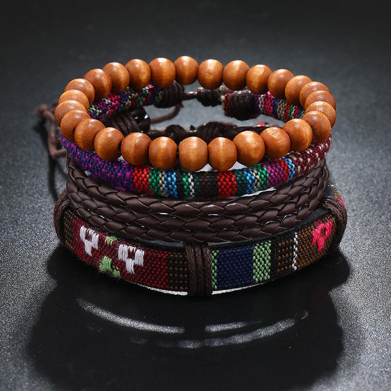 Set Of 6 Black Handmade Woven Pu Leather Bracelet For Men Multi Pack Fashion Vintage Braided Bangle As Birthday Gift