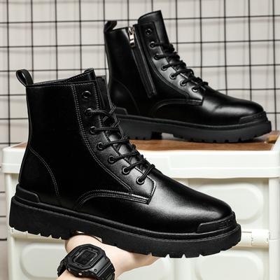 Black Men's Leather Boots Four Seasons Outdoor Casual Mens High Top Hiking Boots Fashion Outdoor Street Non-slip Work Boots 2024