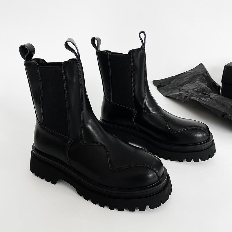 

2025 autumn new black small leather shoes medium boots couple retro trend versatile platform straight boots women s shoes 38 чёрный