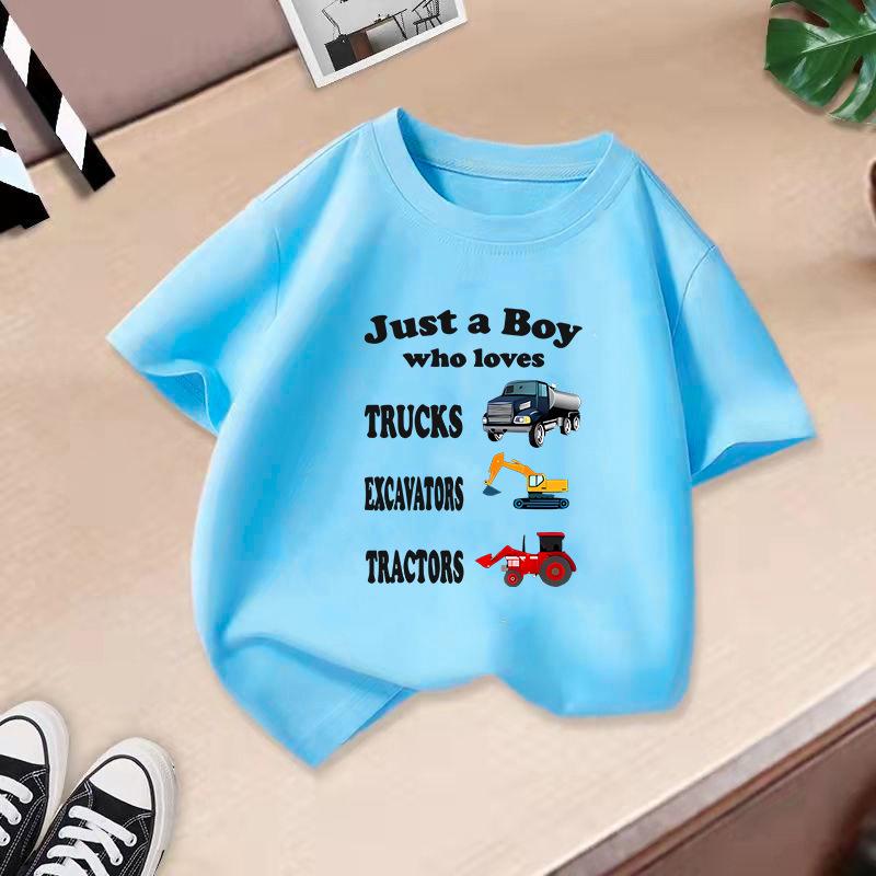 Barn T-shirt 2-13Å Lös passform Casual O-hals Kortärmad Flick T-shirt Topp Pojk T-shirt Grävmaskinstryck Kortärmad