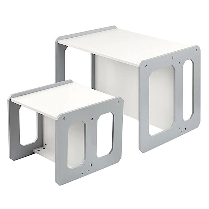GINGER HOME Ensemble Montessori 3 en 1 – Table, Banc et Chaise Enfant – Bois MDF – Blanc et Gris