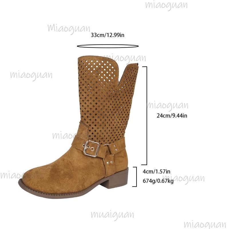 Vintage Metal Belt Buckle Black Brown Mid-Calf Boots Women 2025 Autumn Bohemia Hollow Out Brown Suede Boots Retro Cowboy Shoes