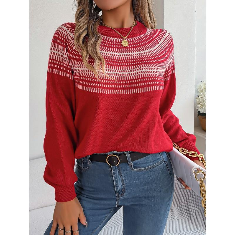 Women's Autumn-winter Vintage Color Contrast Striped Long-sleeved Pullover Sweater