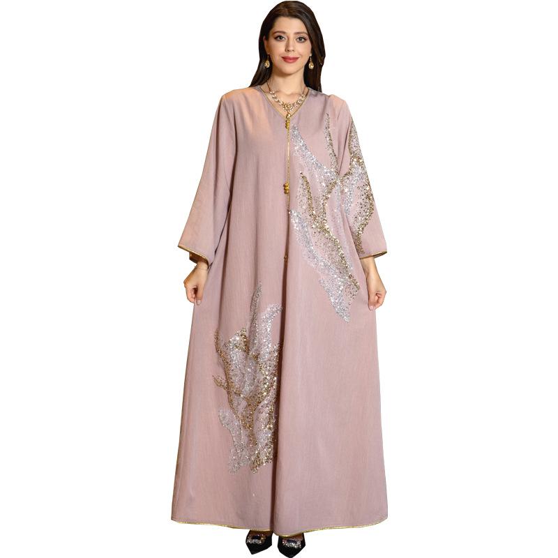 AB309 Women's Sequin Embroidered Muslim Long Dress - Autumn Dubai Jalabiya