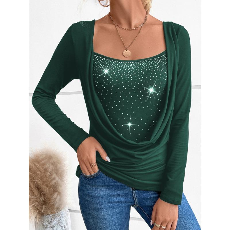 Women's 2025 New Ladies Casual Pullover Diamond Long Sleeve Fake Two-piece Top