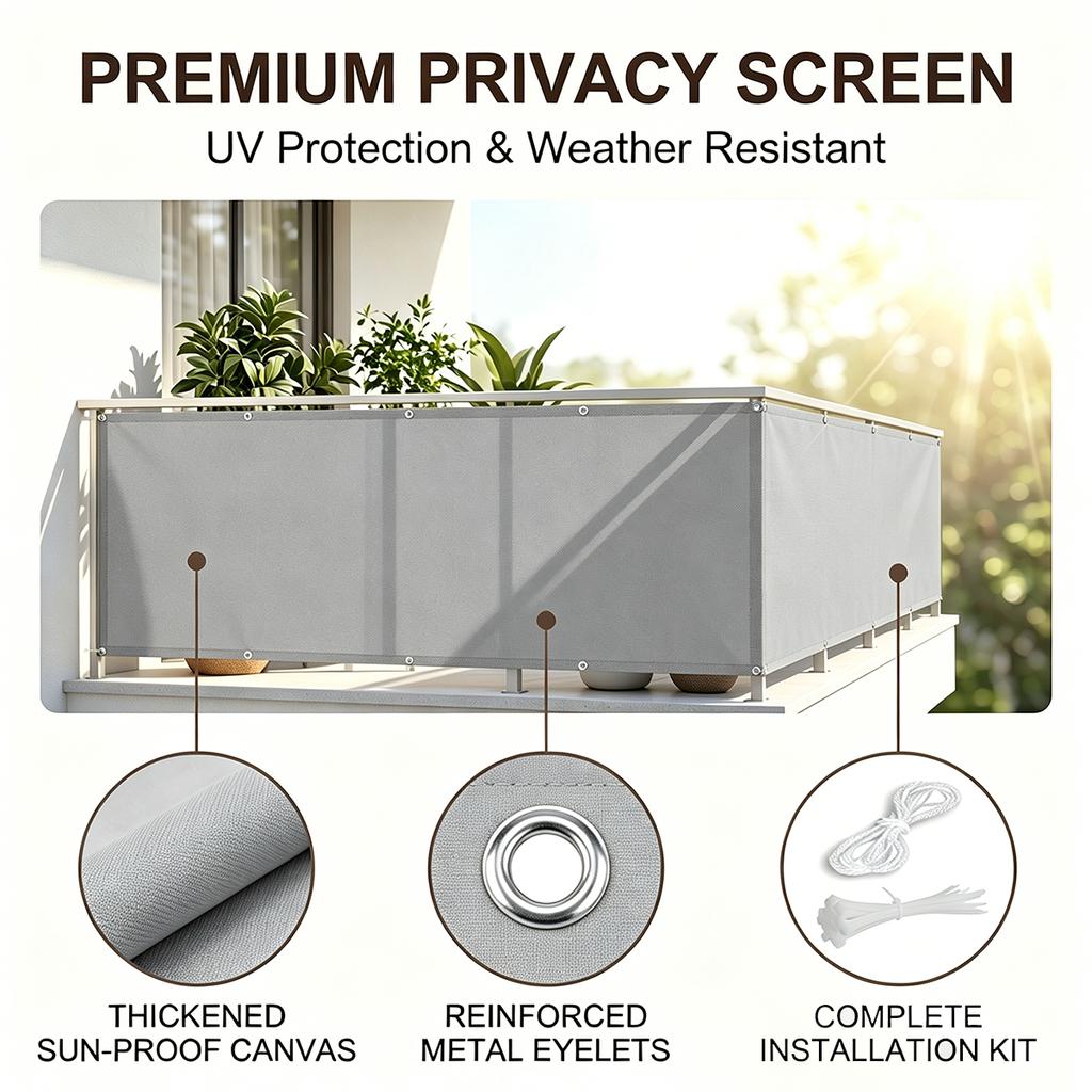 Balcony Privacy Screen, Outdoor Sunshade Fabric, Garden Fence Cover, Apartment Railing Protector with Rope Tie-Downs - Gray