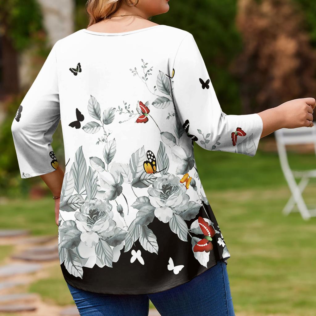 Top Moda da Donna Stampa Floreale Taglie Forti Manica 3/4 Orlo Arrotondato Girocollo
