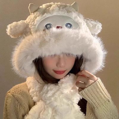 Winter New Cute Little Sheep Plush Hat Women's Hat Scarf Integrated Thickened Cold and Warm Sweet Lei Feng Hat