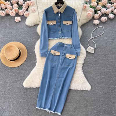 Neue Frauen Revers Denim Jacke Voller länge Rock Zwei Stücke Sets Mode frauen Anzug Jeans Sets