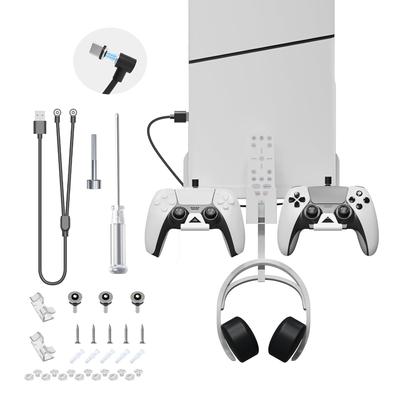 PS5 Slim Wall Mount Bracket, Stable Metal Wall Hanging Stand, Controller Holder&Headphone Hanger&Remote Control Bracket&2-in-1 Magnetic Charging Cable