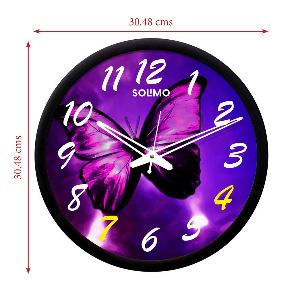 12-inch Plastic & Glass Wall Clock -Colourful Butterfly (Silent Movement, Black Frame)