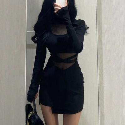 Pile Up Sleeves New Sexy Black Fishbone Dress Personalized Slim Women Dress Thin Gauze Perspective Wrap Around Buttocks  F8Q3
