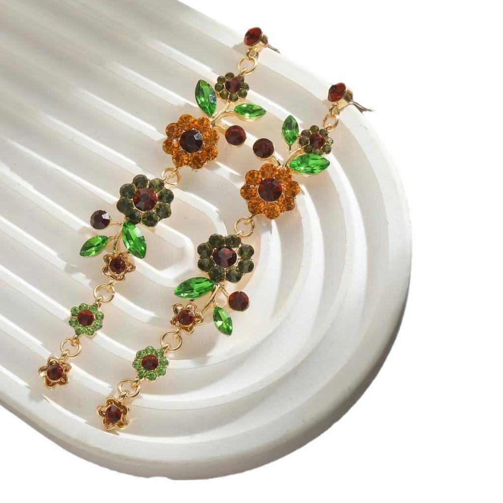 Multi-layer alloy diamond petal earrings, bohemian vintage flower fringed earrings