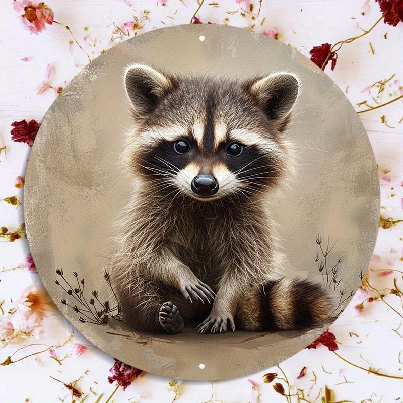 Cute Baby Raccoon Portrait Round Metal Sign D Flat Printed Rustic Vintage Wildlife Art Tin Plaque Adorable Woodland Animal De