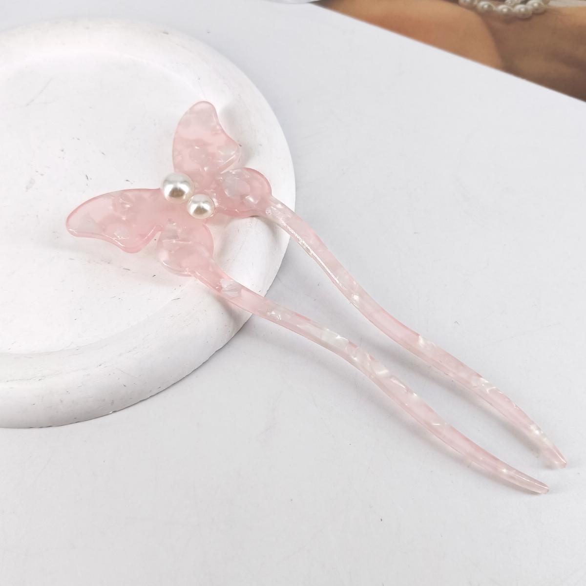 

New Style Butterfly Pearl Acetate Hairpin Hair Sticks for Women Girls Vintage Sweet U-shaped Hair Clasp Updo Headdress