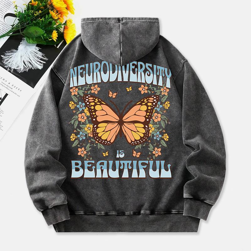 Neurodiversity Is Beautiful Washed Hoodies Women Butterfly Print Cotton Tops Pocket Oversize Warm Clothes