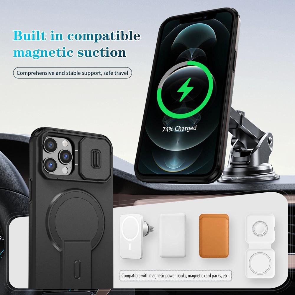 KEYSION Shockproof Magnetic Case for iPhone 11 12 Pro Max Slide Camera Lens Protect Kickstand Wireless Charging Phone Back Cover
