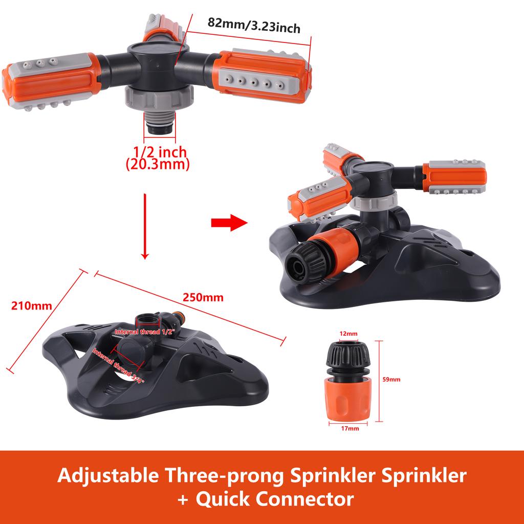 360 Degree Rotary Sprinkler 3 Arm Base Sprinkler Adjustable Spray Direction 1/2" Quick Connector Garden Yard Lawn Sprinkler
