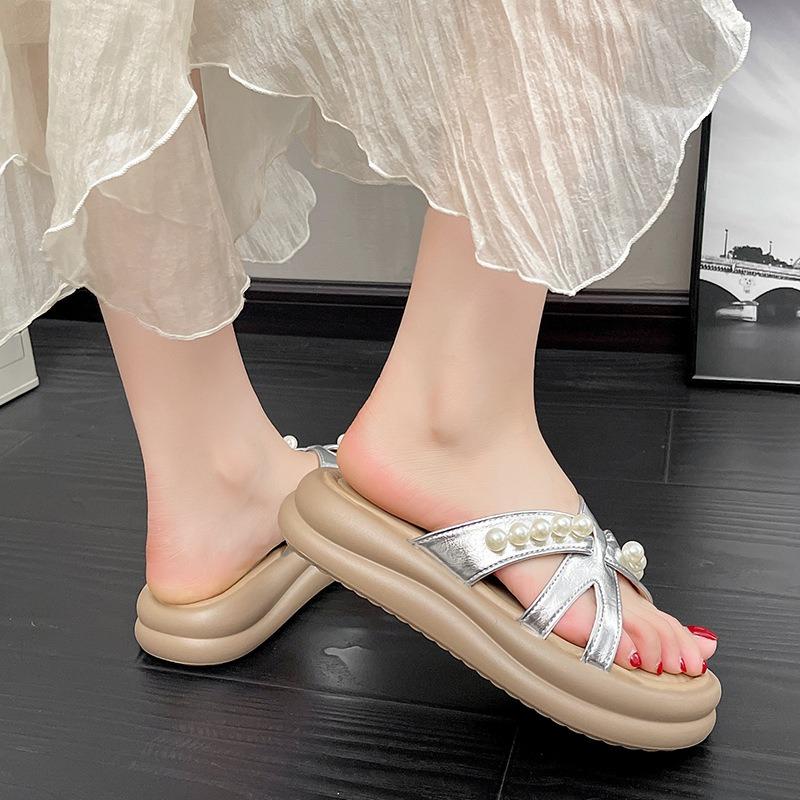 Muffin thick-soled cool slippers women's summer new fashion outer wear sandals pearl cross with beach slippers