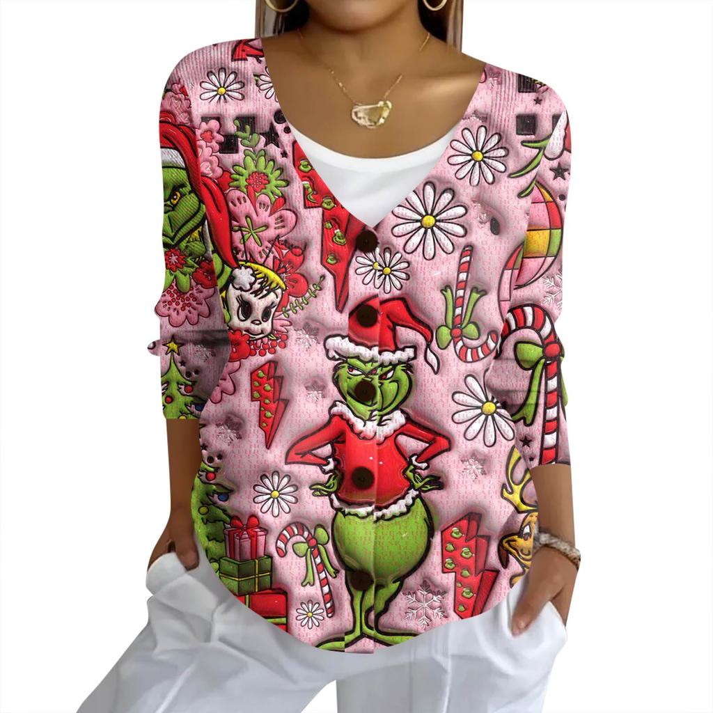 Women's Fashion Casual Knit Sweater Button-Up Christmas Print Cardigan Jacket