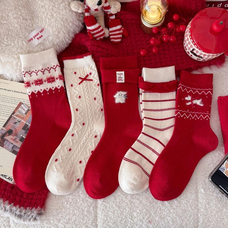 New Year's Wool Red Socks Thickened, Warm and Festive. Female Bow, Little Dog Fair Island Sweet Mid-calf for Autumn and Winter