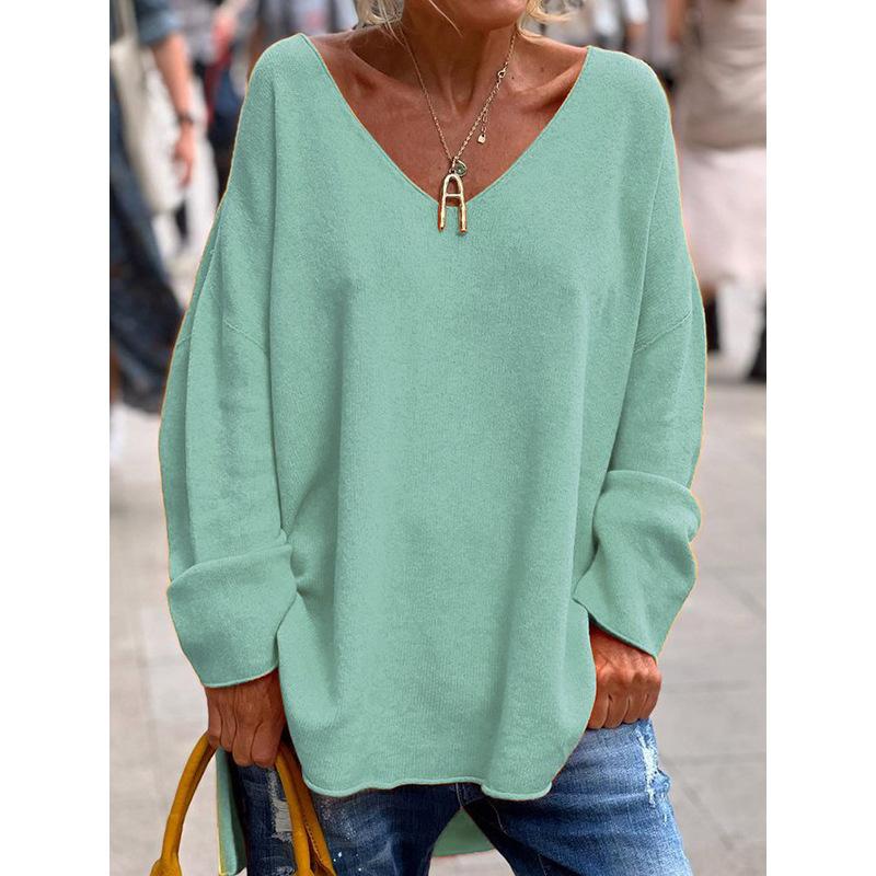 Women's Comfortable V-Neck Long Sleeve Knit Sweater Solid Color Casual Loose Fit Pullover Top Versatile Long Sleeve