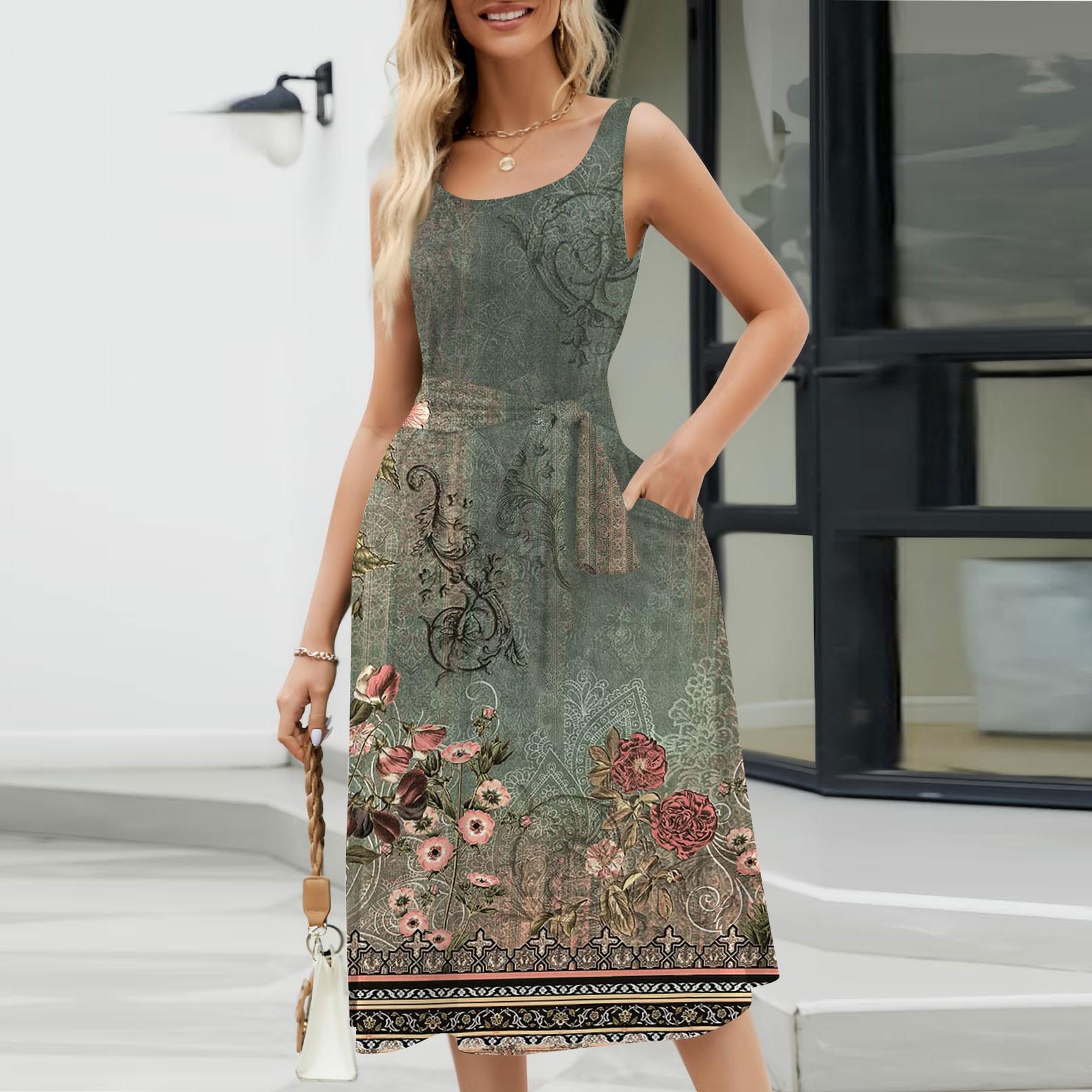 

Летние платья для женщин 2024, пляжные свободные с круглым вырезом, без рукавов, миди-трапеции, распашное платье, сарафаны с карманами S