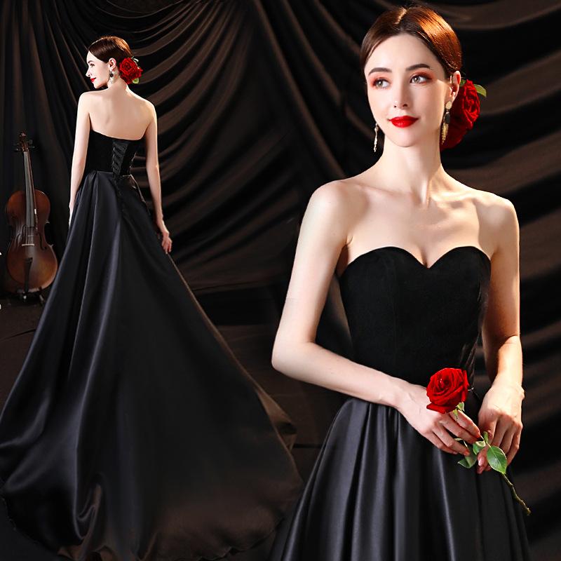 Temperament black long small trailing dress dinner party solo recitation performance suit host tube top evening dress