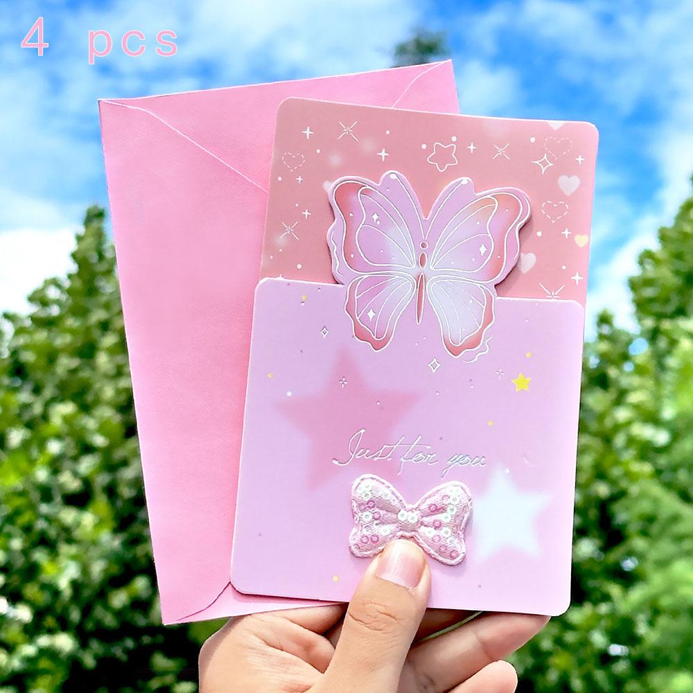 

4 pcs Butterfly shaped greeting card, exquisite message envelope, postcard, bow, three fold discount card рожевий