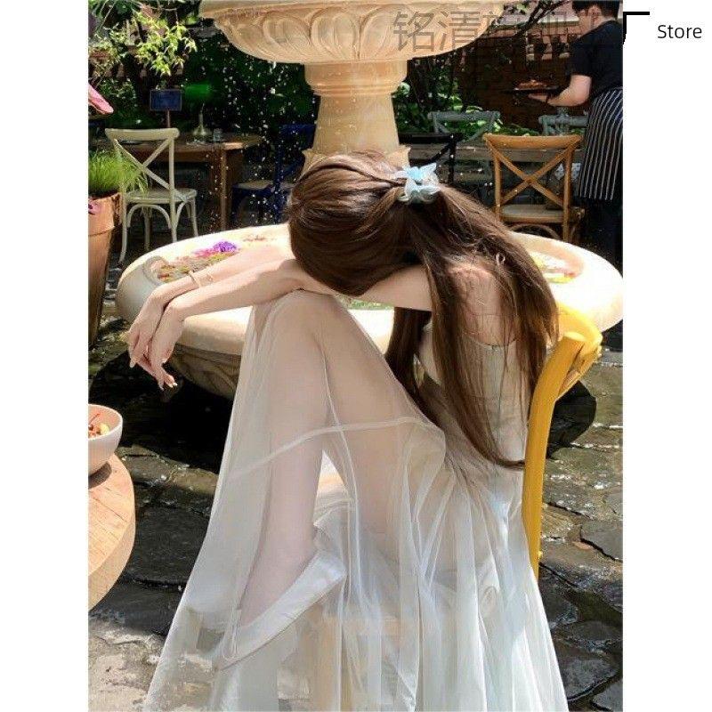 White Water Mermaid Princess Dress, Mint Green Mesh Dress, Atmospheric Waist-Cinching Style, Elegant American Sweet and Spicy Long Dress