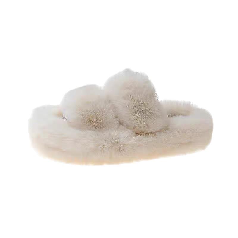 Stepping On Shit Fluffy Slippers Women's Outer Wear 2025 Autumn and Winter New Thick-soled Fluffy Shoes Black and White One-word Slippers