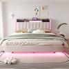 Gestoffeerd Bed 160*200 met LED-verlichting en USB-poort, Hoofdbord met Opbergruimte, Zwevend Bed Jeugd Bed Volwassen Bed, Linnen Stof, Beige