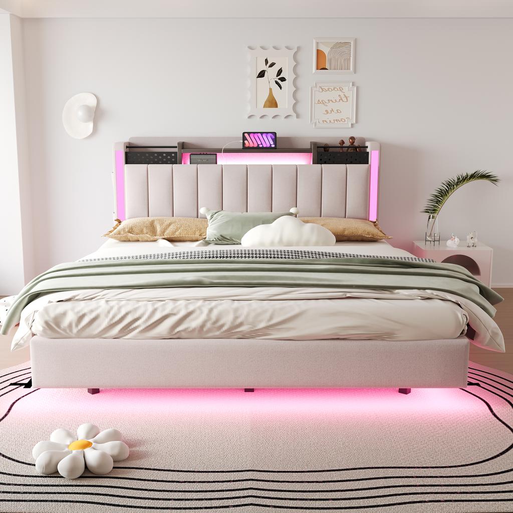 Gestoffeerd Bed 160*200 met LED-verlichting en USB-poort, Hoofdbord met Opbergruimte, Zwevend Bed Jeugd Bed Volwassen Bed, Linnen Stof, Beige