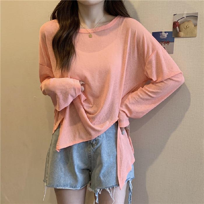 Women's Summer Korean-Style Sheer Long-Sleeve Sun Protection T-Shirt - 2025 Candy Color Loose Fit