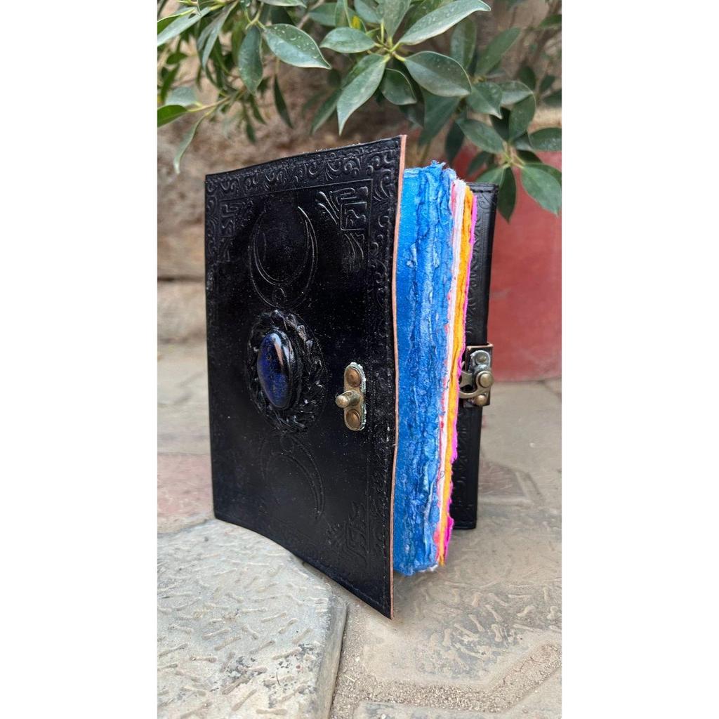 Triple Moon Leather Journal: Embossed Stone Diary, Colorful Paper