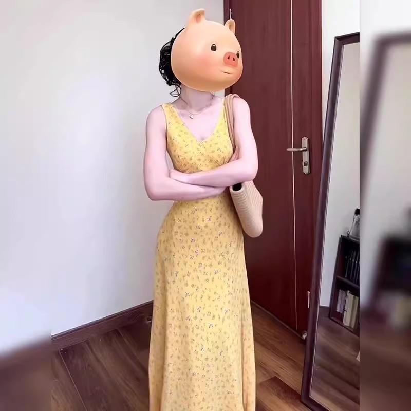 French-style Yellow Spaghetti Strap Floral Dress for Women, New Summer Petite Seaside Vacation Long Dress