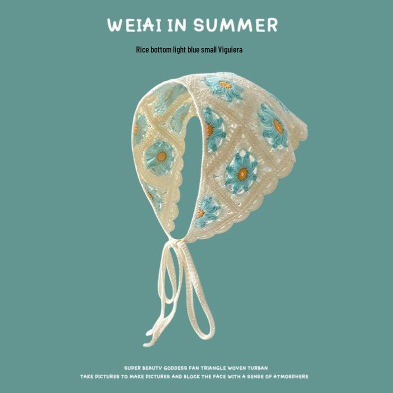 Korean Style Knitted Crochet Triangle Scarf: Women's Sweet Flower Headscarf Hat